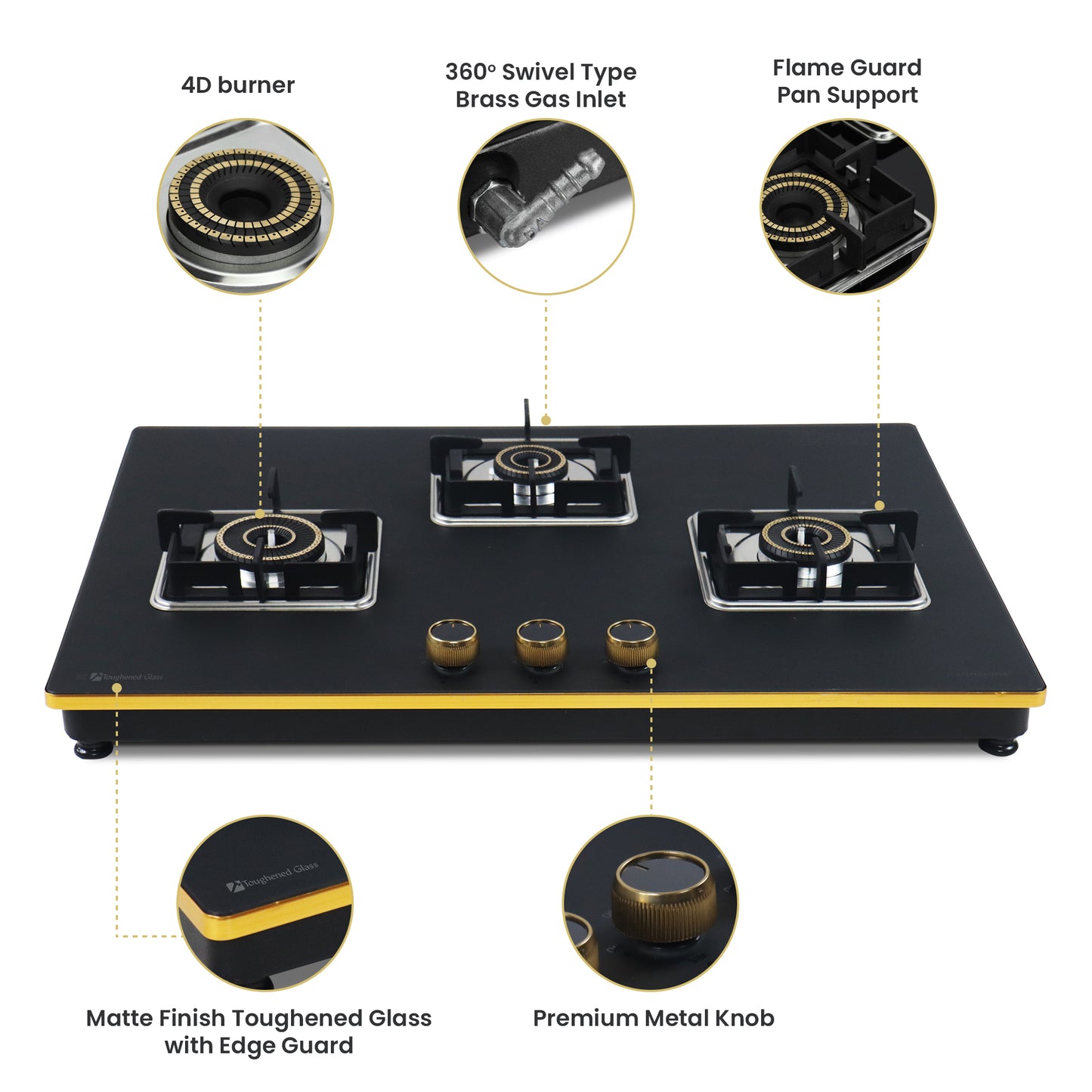 Sunshine Shine Gold Three Burner Gas Stove/Hob Top Auto Ignition