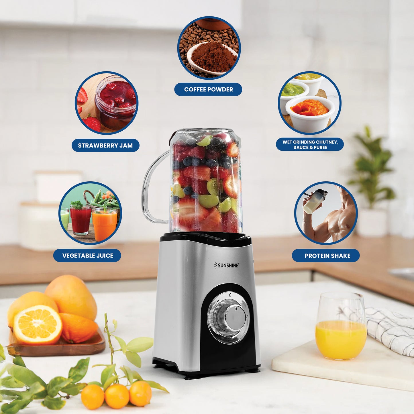 Sunshine Nutri Whirl 4 In 1 Nutri Blender, Powerful 500 Watts Pure Copper Motor, Blender for Food processor and Juices, Stainless Steel Body, 2 Blade Set: Wet & Dry