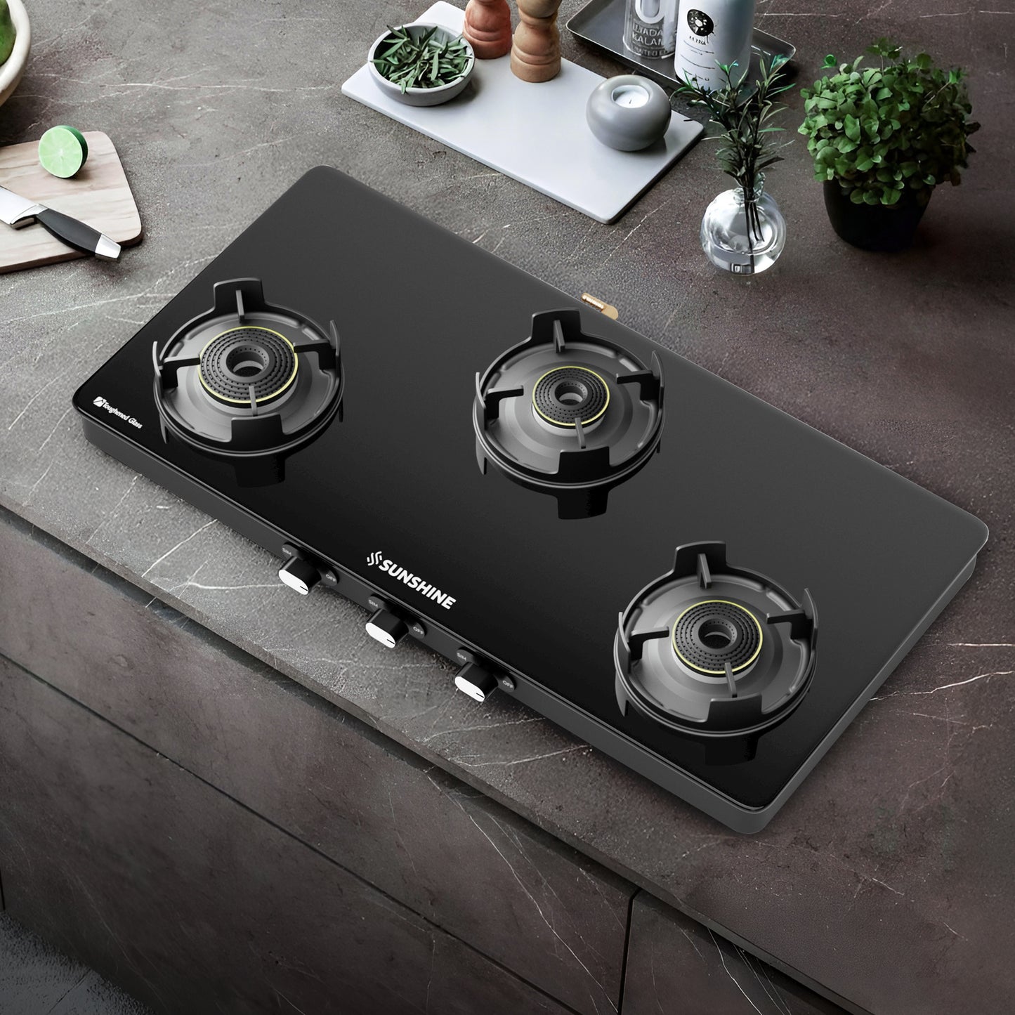Sunshine Regal Pro 3 Burner Gas Stove Toughened Glass Cooktop Manual Ignition