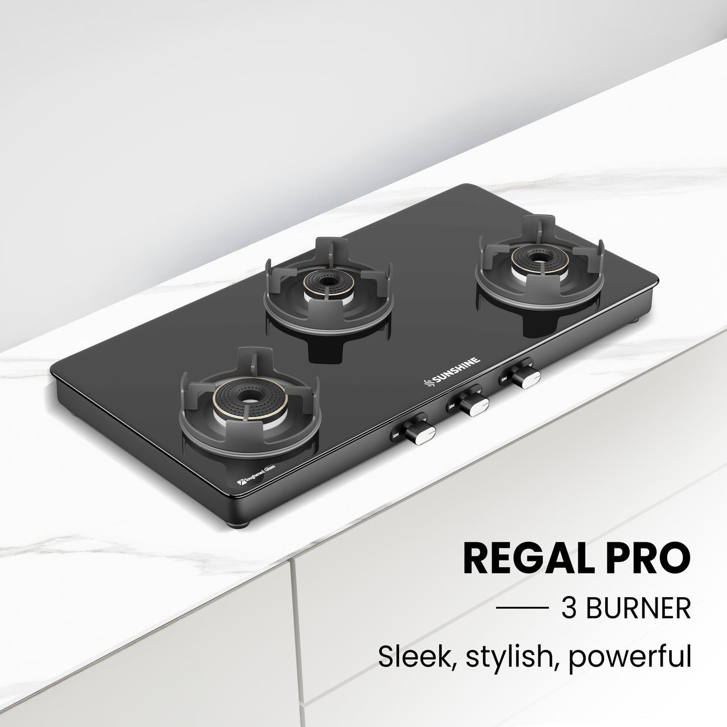 Sunshine Regal Pro 3 Burner Gas Stove Toughened Glass Cooktop Manual Ignition