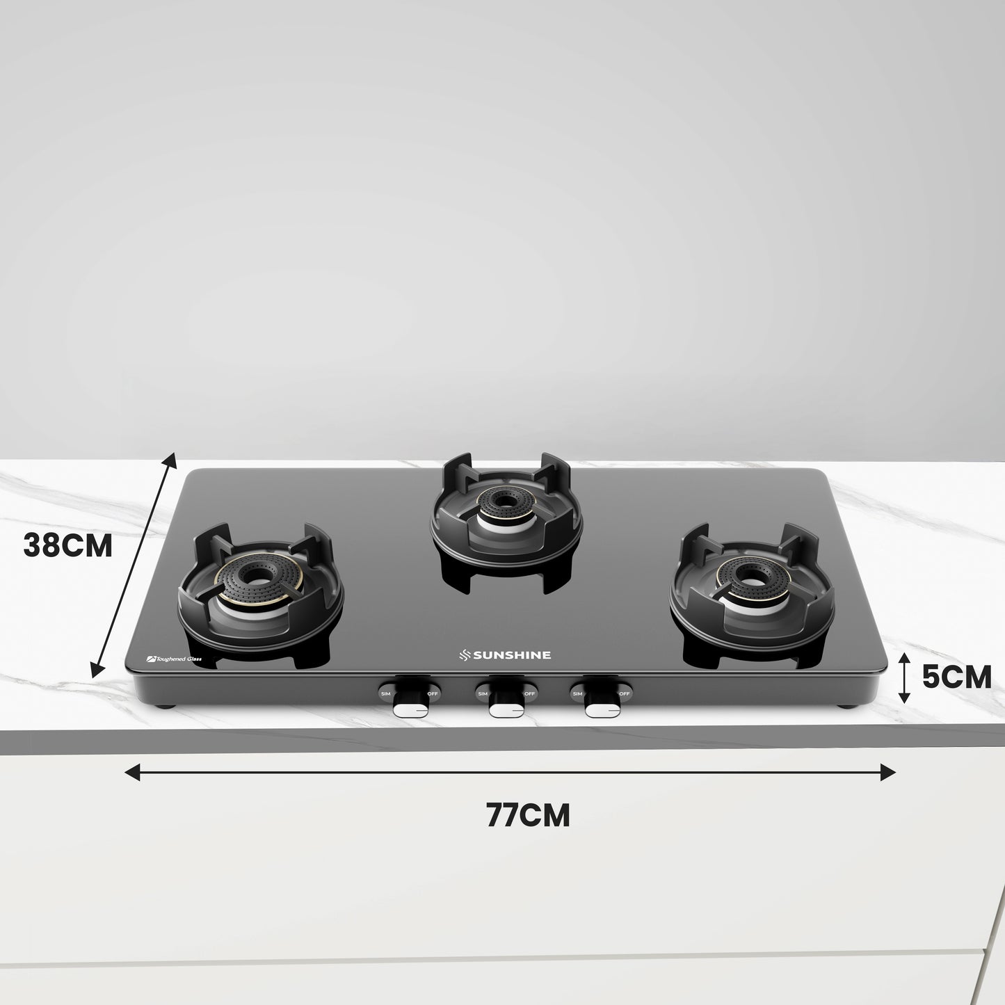 Sunshine Regal Pro 3 Burner Gas Stove Toughened Glass Cooktop Manual Ignition