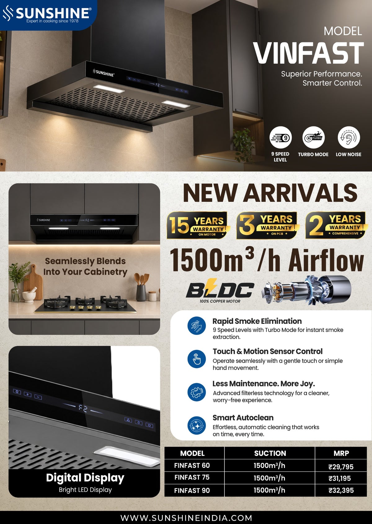 Vinfast BLDC Chimney | 1500 m³/h | 9-Speed | Auto Clean