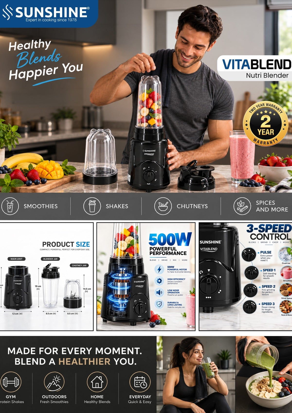 VitaBlend Nutri Blender 500W – Portable Blender & Grinder | 3-Speed Control | Blender Jar + Chutney Jar (Black)