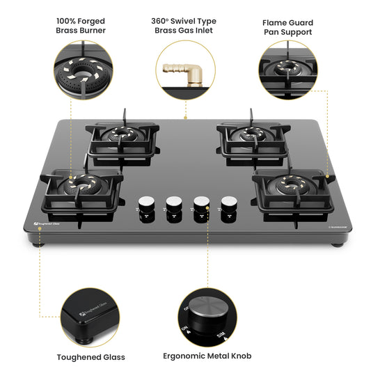 Sunshine Slimmest Magnite 4 Burner Glass Hob Top Cooktop Manual Ignition