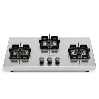 Sunshine Osaka 3 Burner Gas Stove | 10-year warranty on Burners & Valve | 2mm Stainless Steel |SABAF Valves | Matt Finish