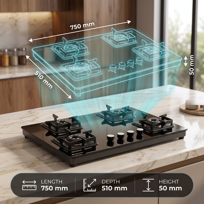 Magnite 4 Burner Glass Hob Top | SABAF Valves | Manual Ignition