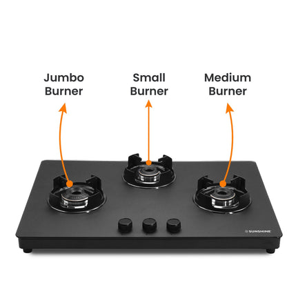 Sunshine Defender 3 Burner Matte Hob Top | 10-Year Warranty | Manual Ignition