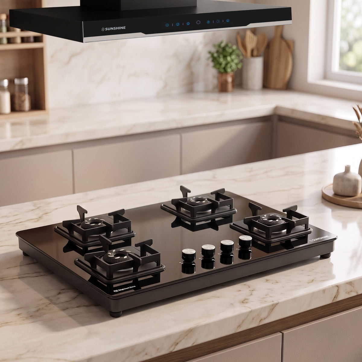 Magnite 4 Burner Glass Hob Top | SABAF Valves | Manual Ignition