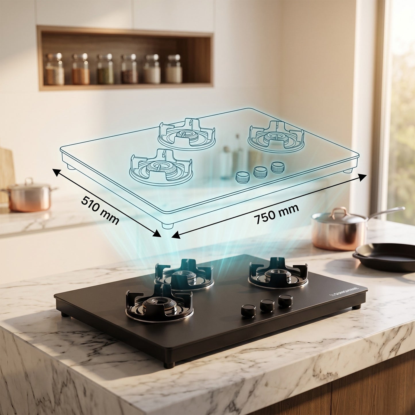 Sunshine Defender 3 Burner Matte Hob Top | 10-Year Warranty | Manual Ignition