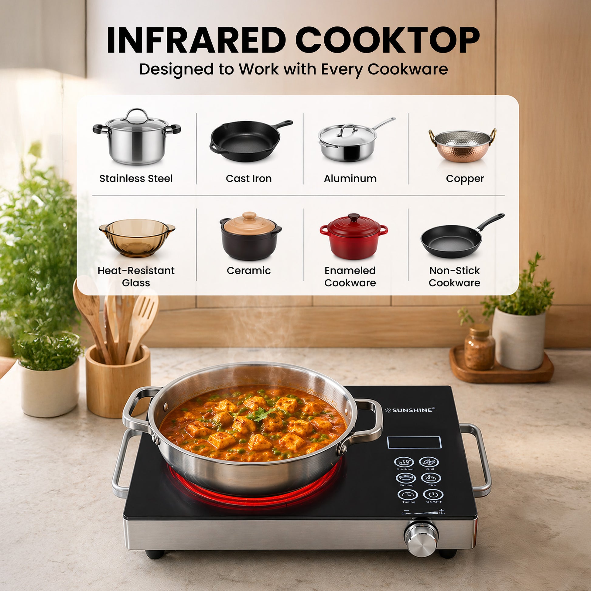 HeatWave Infrared Cooktop 2000W | 7 Cooking Modes | 60–700°C Temperature Control | Stainless Steel Body | Portable Infrared Cooker