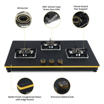 Sunshine Shine Gold Three Burner Gas Stove/Hob Top Auto Ignition