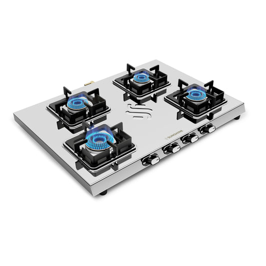 Sunshine Thunder 4 Burner | 4 Burner Stainless Steel Gas Stove | 5 Year Body & Burner Warranty By Sunshine | 5G Technology, LPG Ready & PNG Compatible (Silver)