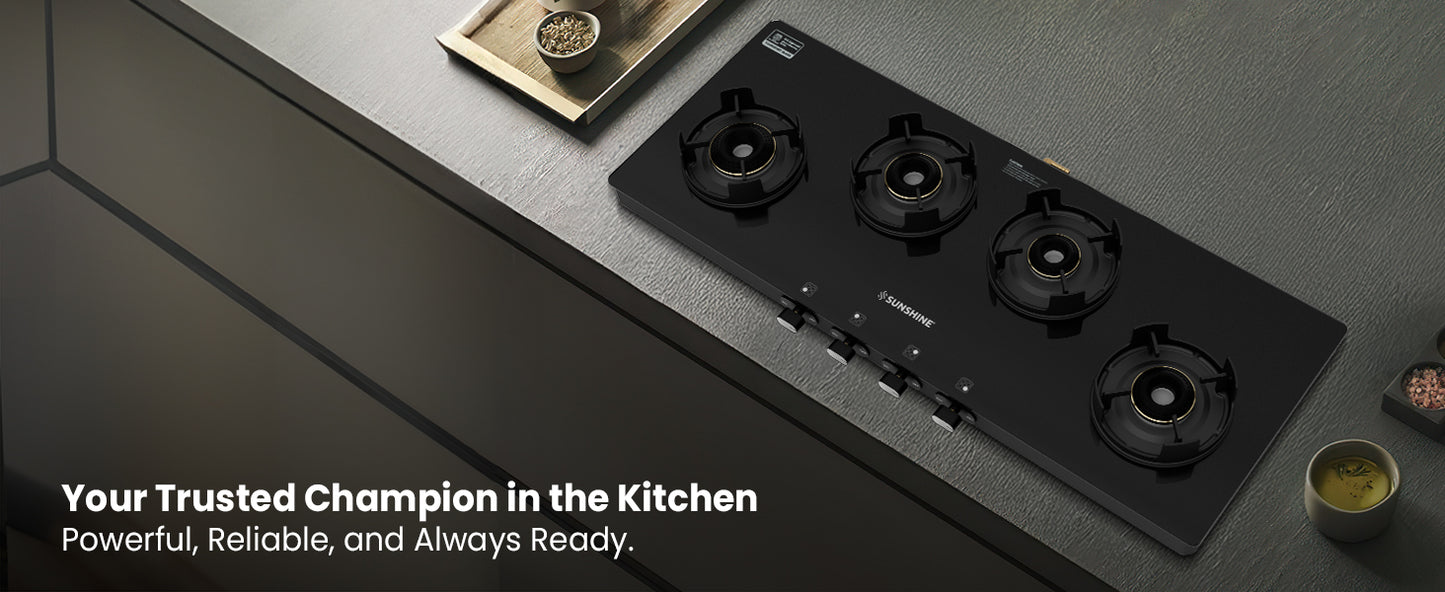 Sunshine Regal Excel Pro 4 Burner Gas Stove Toughened Glass Cooktop Manual Ignition