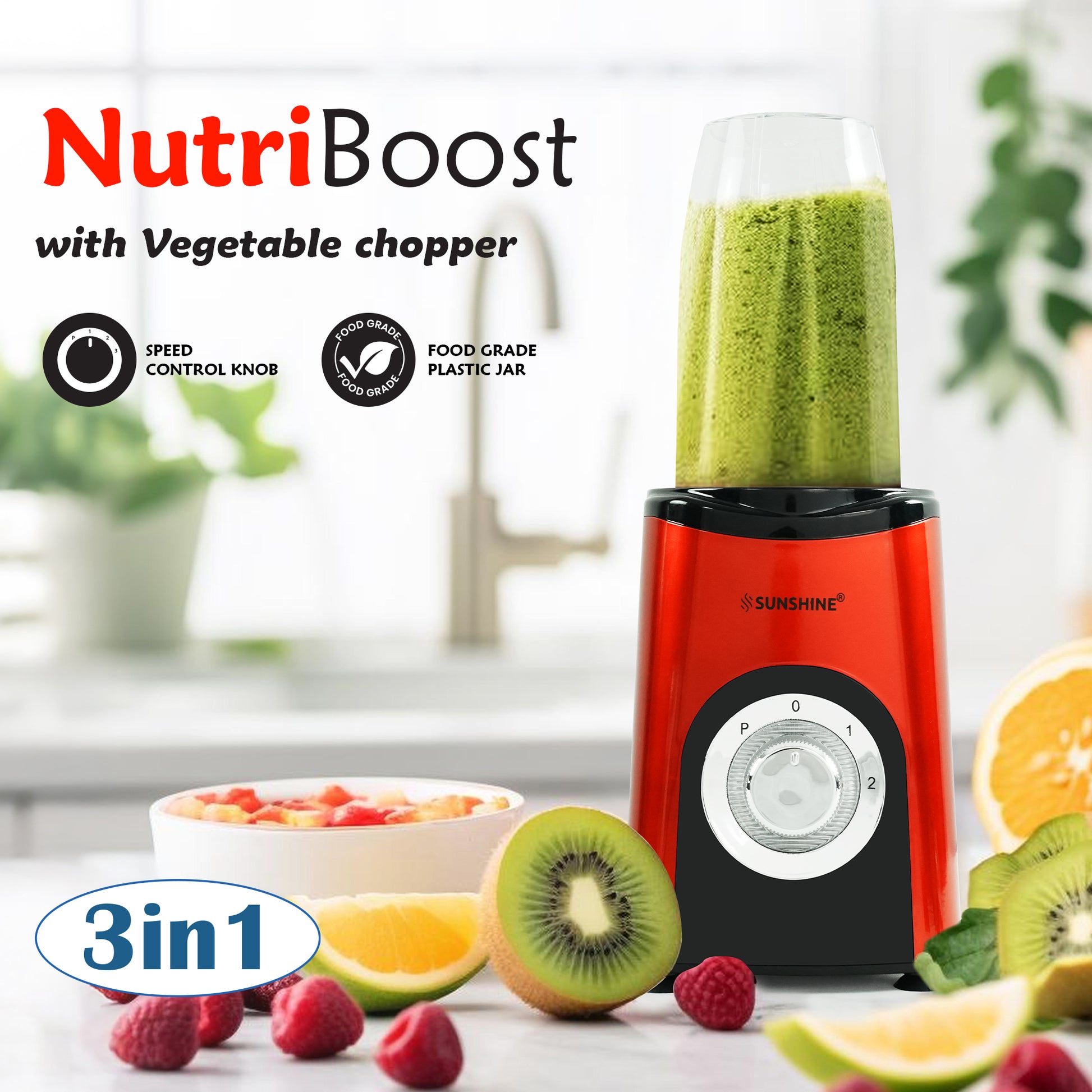 Sunshine Nutri Boost 3 In 1 Nutri Blender, Powerful 500 Watts Pure Copper Motor, Blender for Smoothies and Juices, Stainless Steel Body, 2 Blade Set: Wet & Dry