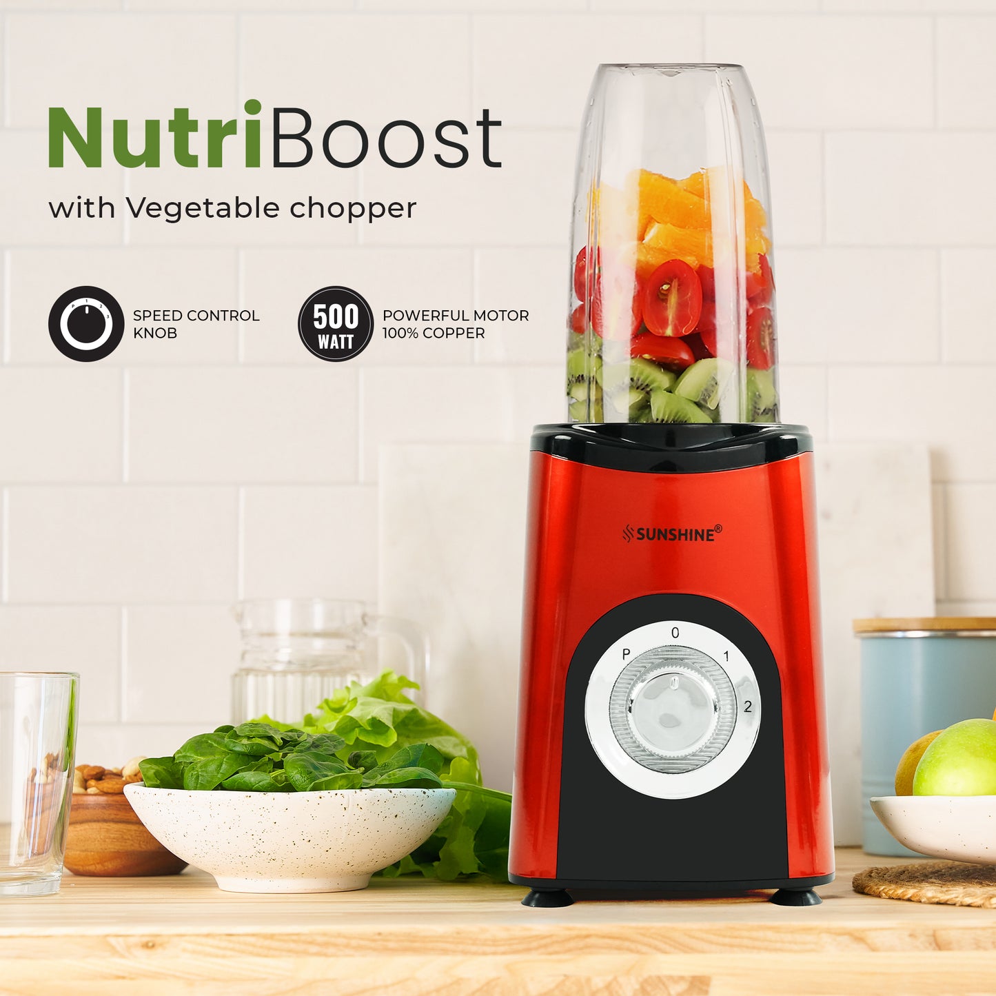 Sunshine Nutri Boost 3 In 1 Nutri Blender, Powerful 500 Watts Pure Copper Motor, Blender for Smoothies and Juices, Stainless Steel Body, 2 Blade Set: Wet & Dry