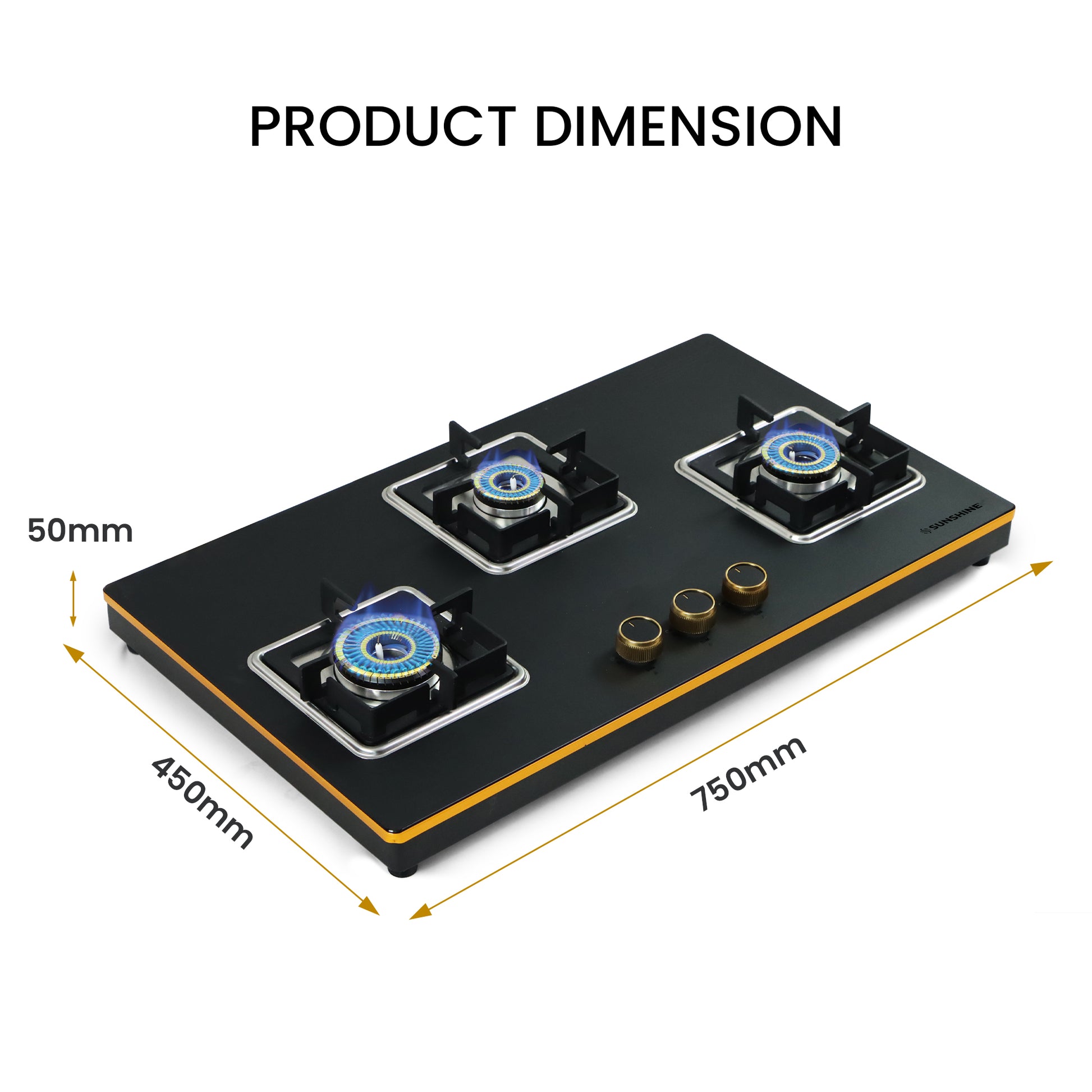 Sunshine Shine Gold Three Burner Gas Stove/Hob Top Auto Ignition Dimensions