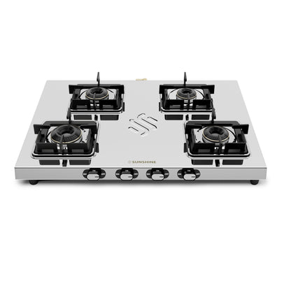 Sunshine Thunder 4 Burner | 4 Burner Stainless Steel Gas Stove | 5 Year Body & Burner Warranty By Sunshine | 5G Technology, LPG Ready & PNG Compatible (Silver)
