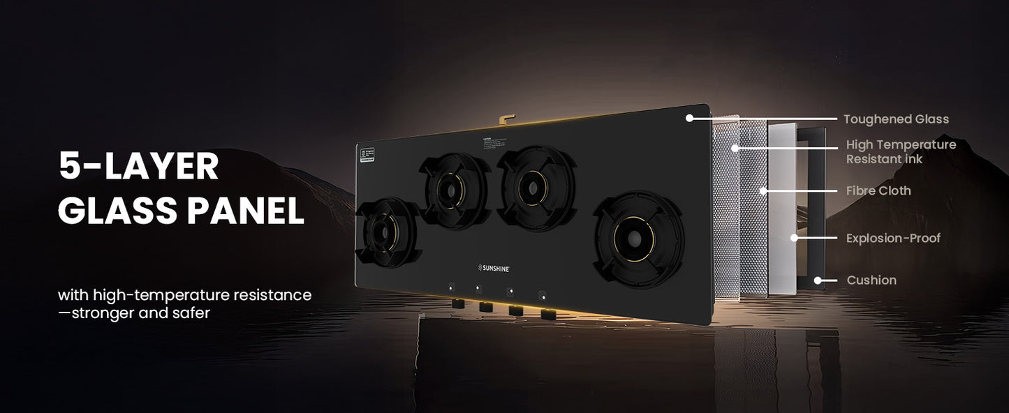 Sunshine Regal Excel Pro 4 Burner Gas Stove Toughened Glass Cooktop Manual Ignition