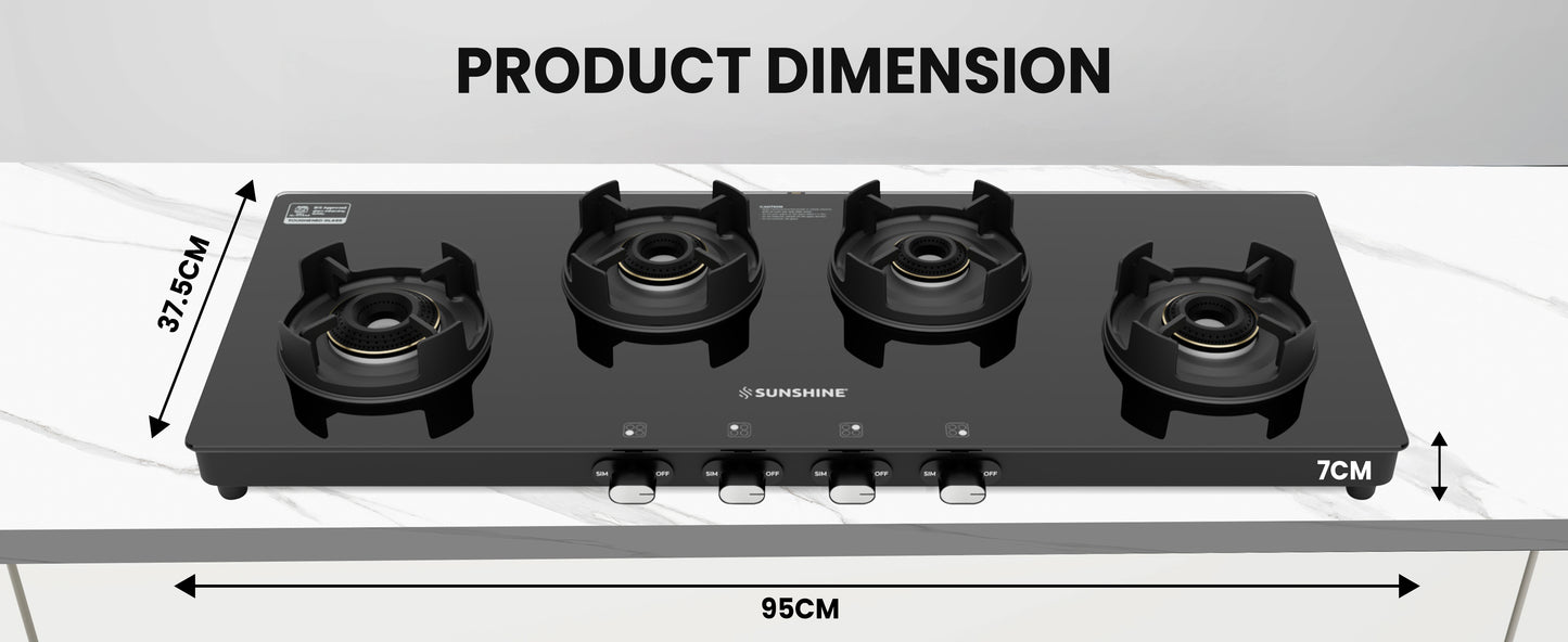 Sunshine Regal Excel Pro 4 Burner Gas Stove Toughened Glass Cooktop Manual Ignition