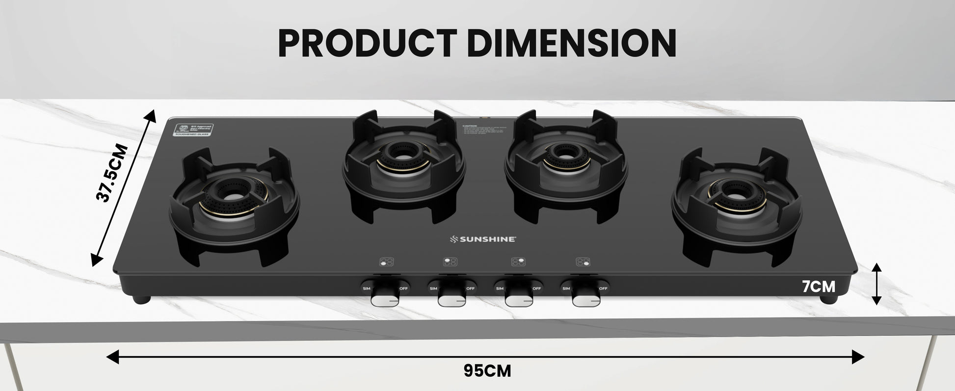 Sunshine Regal Excel Pro 4 Burner Gas Stove Toughened Glass Cooktop Manual Ignition