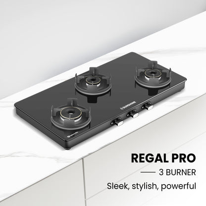 Sunshine Regal Pro 3 Burner Gas Stove Toughened Glass Cooktop Manual Ignition