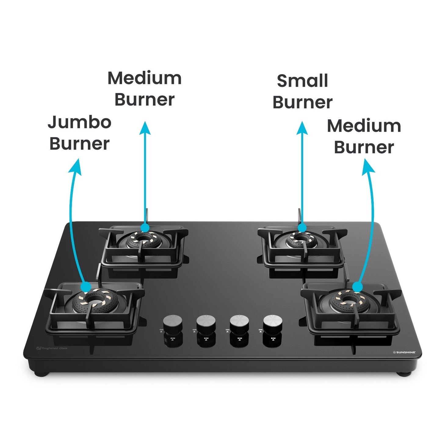 Magnite 4 Burner Glass Hob Top | SABAF Valves | Manual Ignition
