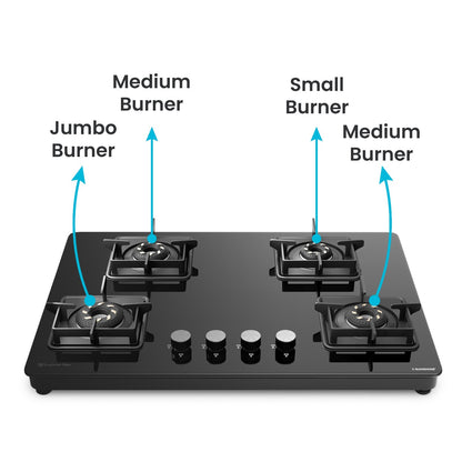 Magnite 4 Burner Glass Hob Top | SABAF Valves | Manual Ignition