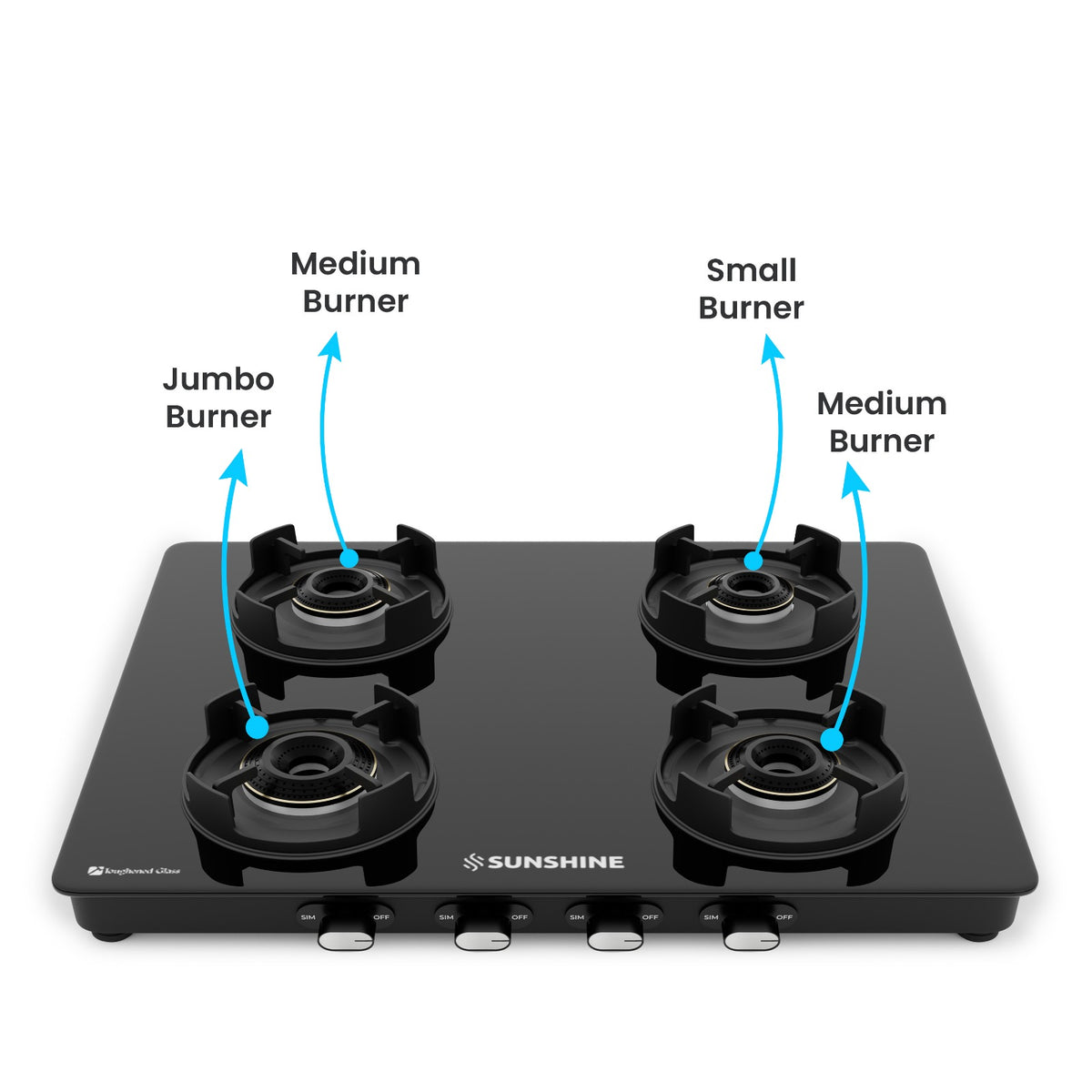 Sunshine Regal Pro 4 Burner Gas Stove Toughened Glass Cooktop Manual Ignition