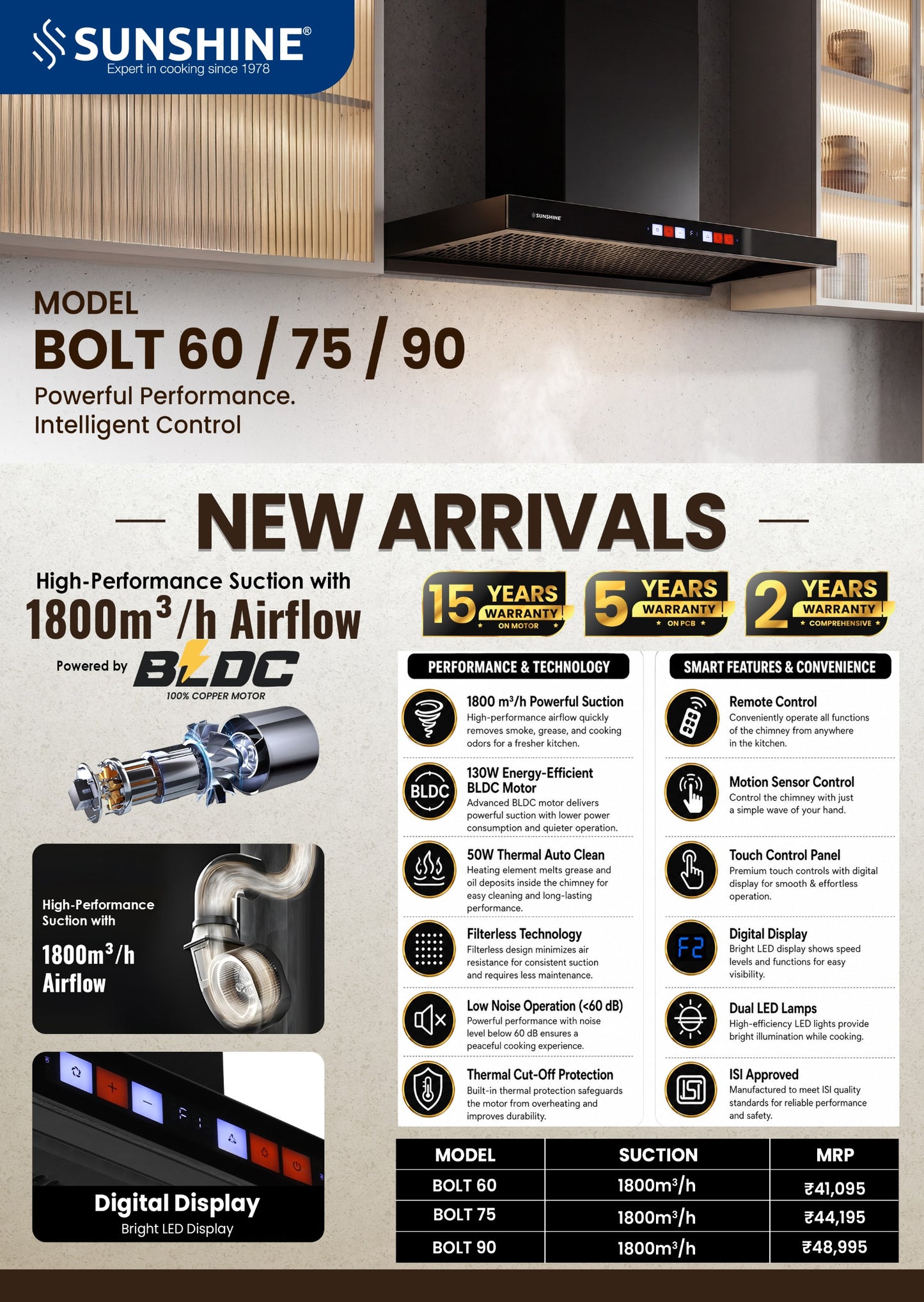 Bolt Chimney BLDC Motor Auto Clean 1800 m³/hr