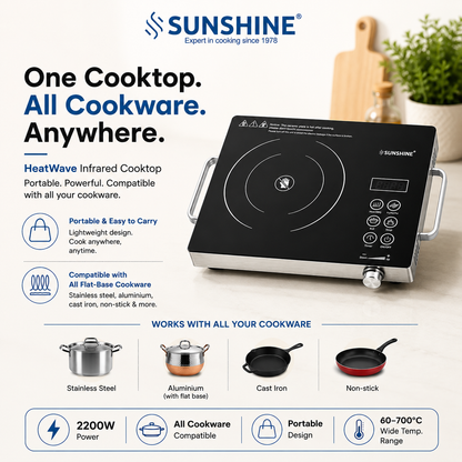 HeatWave Infrared Cooktop 2200W | Compatible with All Cookware | 4 Cooking Modes | 60–700°C | BBQ Grill