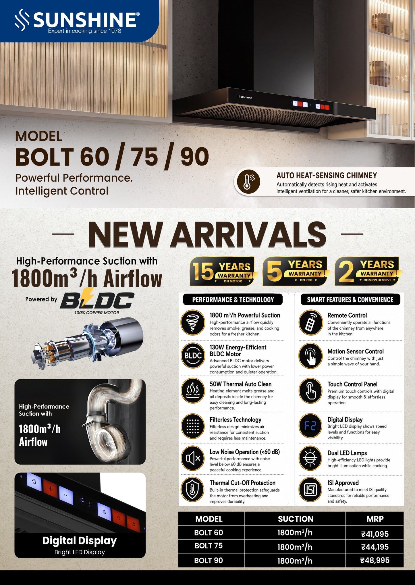 Bolt Chimney BLDC Motor Auto Clean | 1800 m³/hr