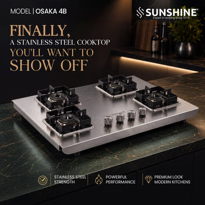 Sunshine Osaka Gas Stove | 10-year warranty on Burners & Valve | 2mm Stainless Steel |SABAF Valves | Matt Finish | 4 burner