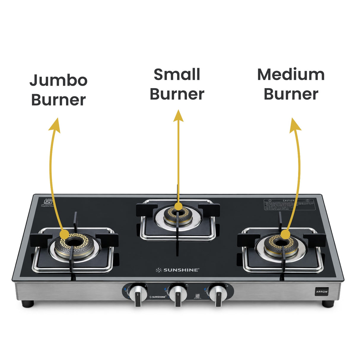 Arrow 3 Burner Gas Stove | Brass Burner | 5-year Warranty - Glass & Burner
